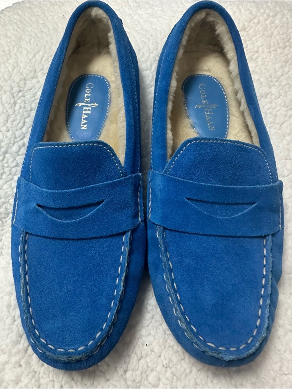 Cole Haan Women’s Blue Suede Driving Loafers with Shearling size 8